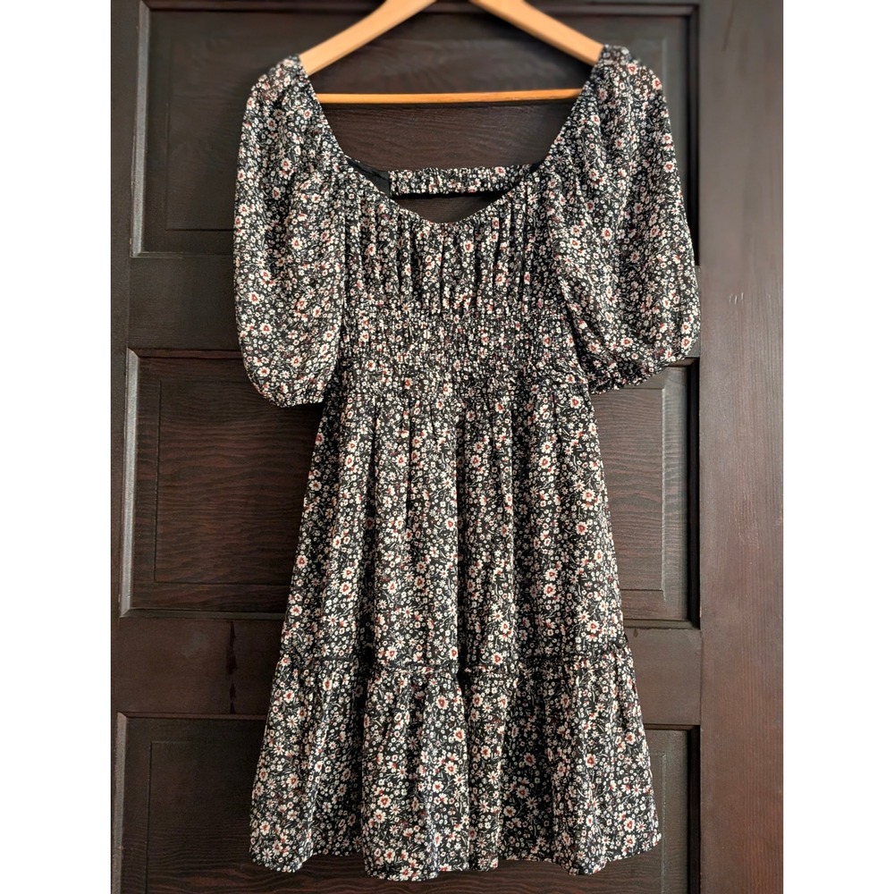 Black Floral Smocked Mini Dress with Puff Sleeves